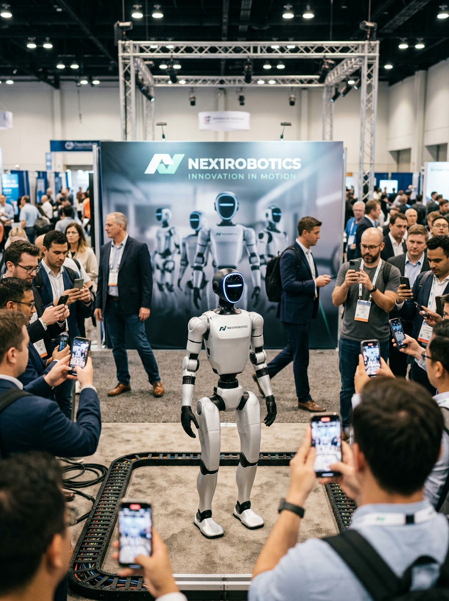 Andy, the Nex1Robotics humanoid robot, drawing a crowd at an Atlanta trade show booth