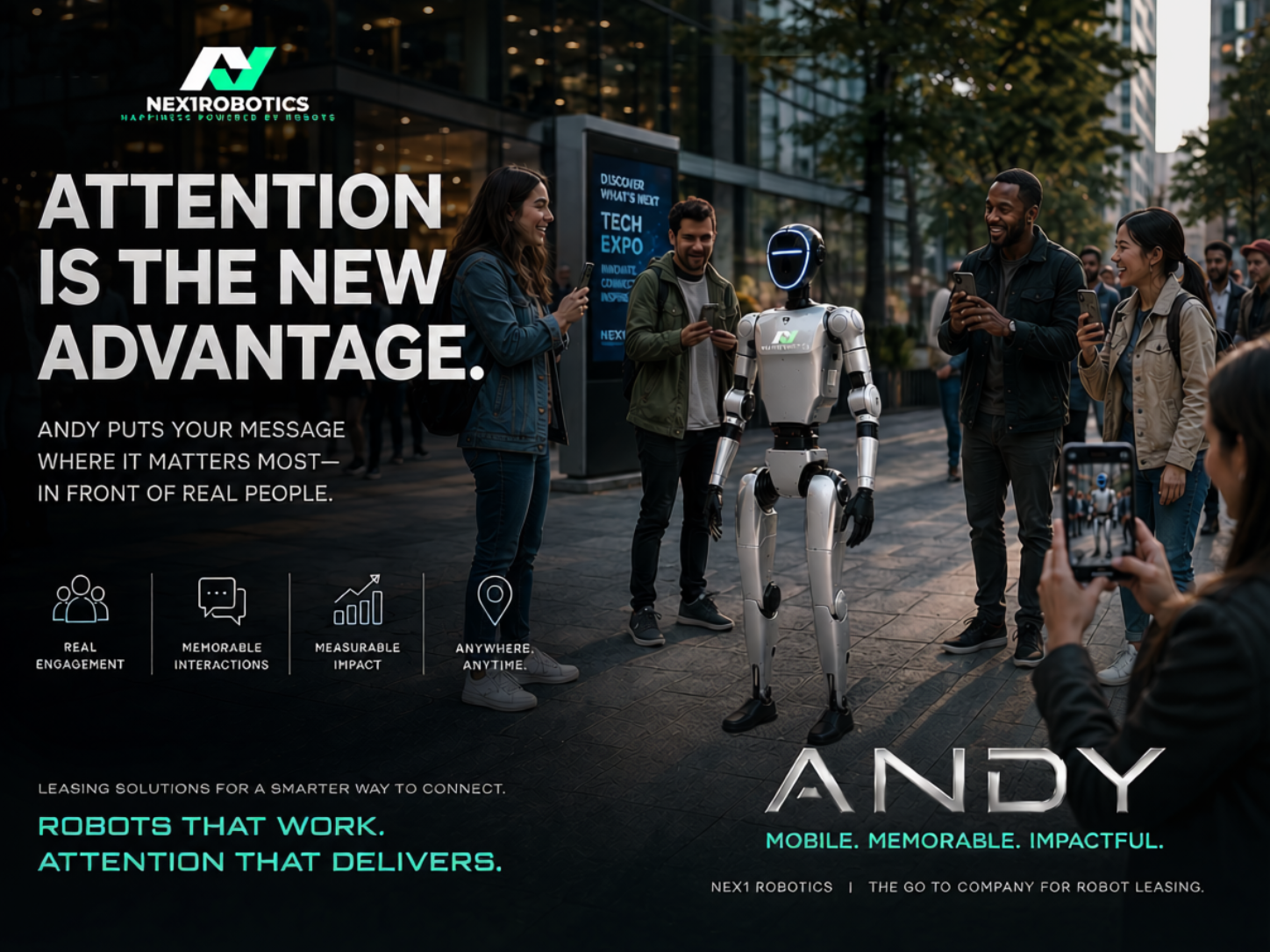 Andy, the Nex1Robotics humanoid robot, drawing a crowd on a city street as people stop to interact and take photos
