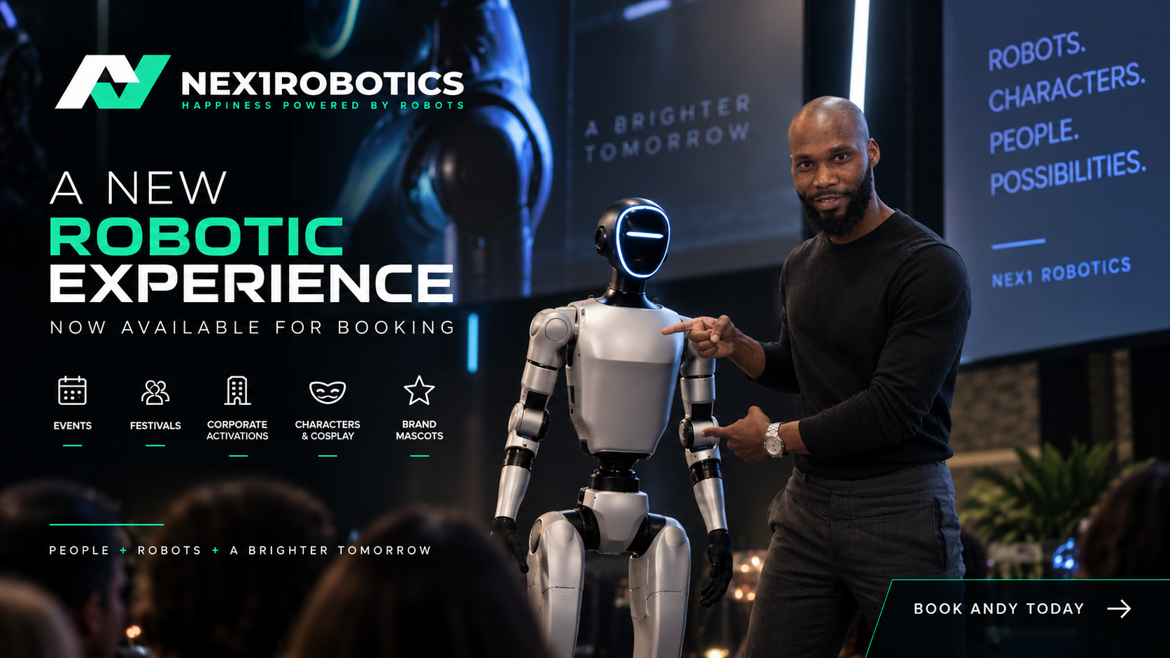 Adrian Provost presenting Andy, the Nex1Robotics humanoid robot, on stage during a live robotic experience event with the audience watching.