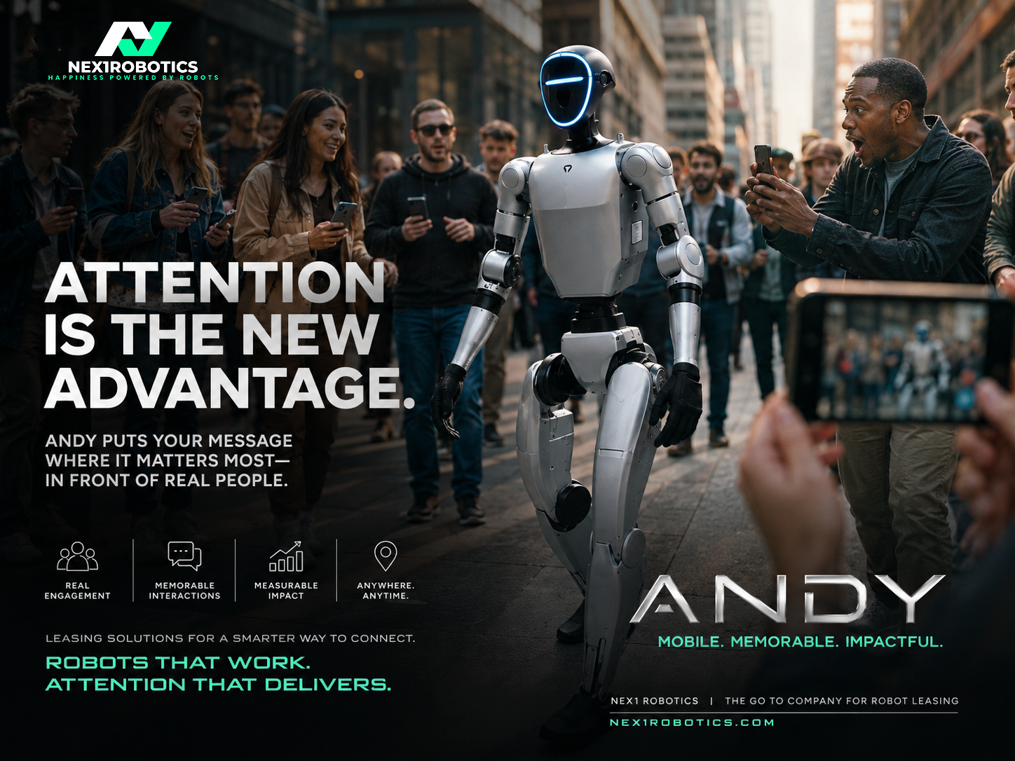 Nex1Robotics promo — Andy the humanoid robot drawing a crowd on a city street, surrounded by people capturing the moment