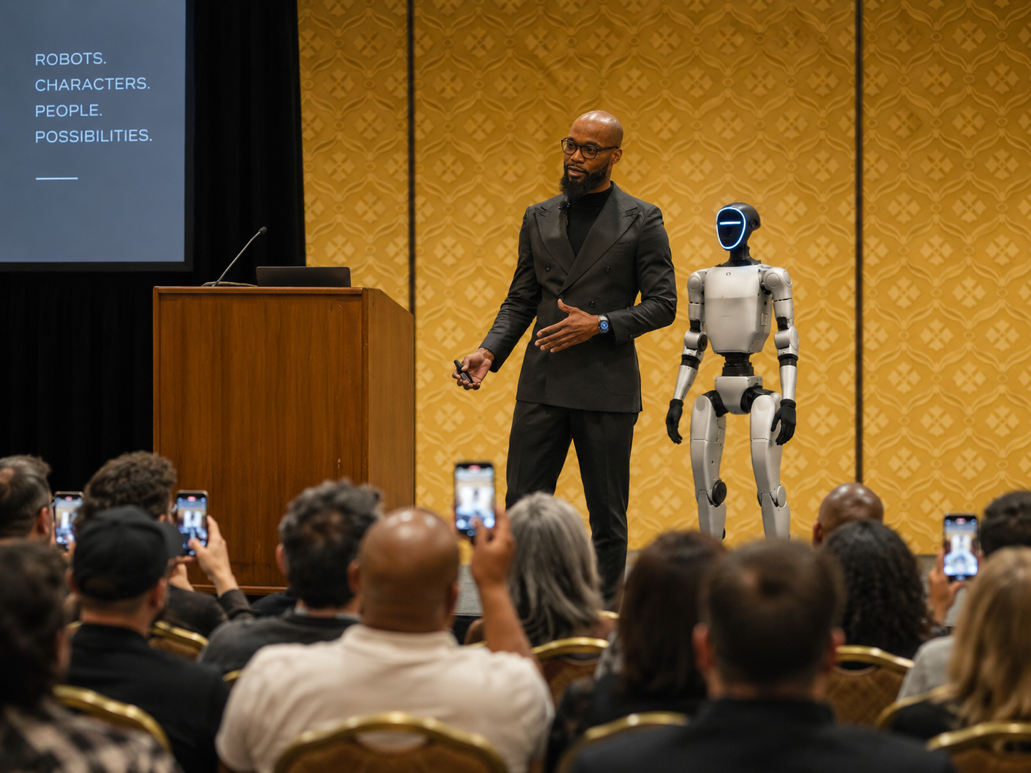 Adrian Provost presenting alongside Andy, the Nex1Robotics humanoid robot, on a live corporate keynote stage as an audience films the moment.