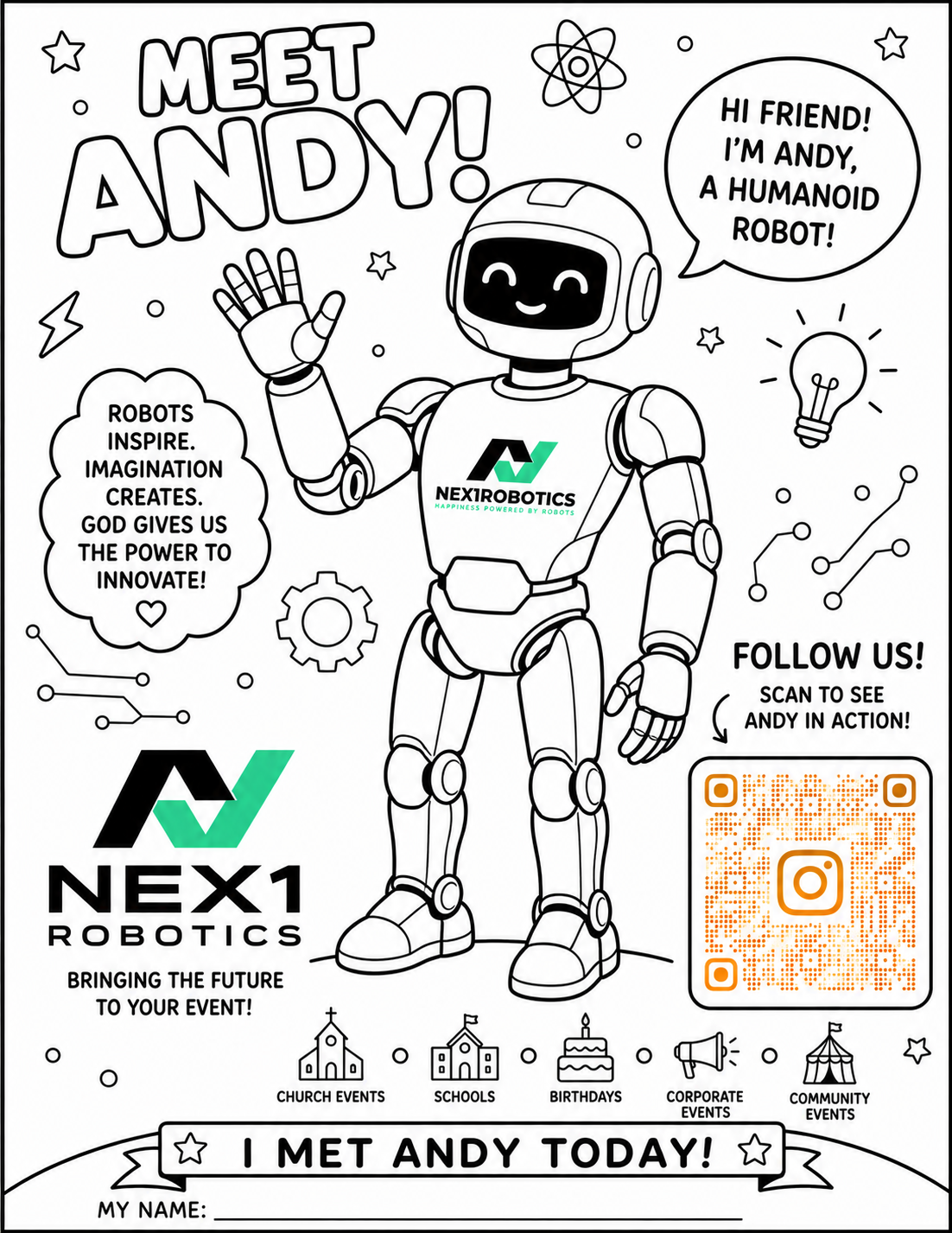 Andy the robot coloring sheet handed out at community events